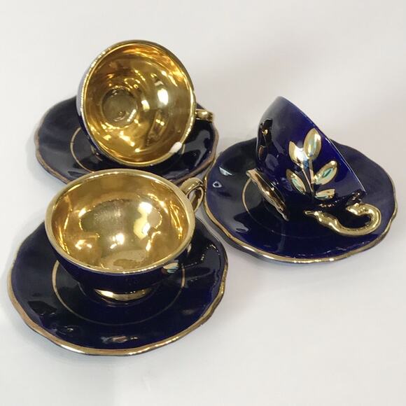 Reichenbach Geschenke Three Tea Cup Plate Set Echt Kobalt Gold Filigree Mocha - Picture 4 of 15